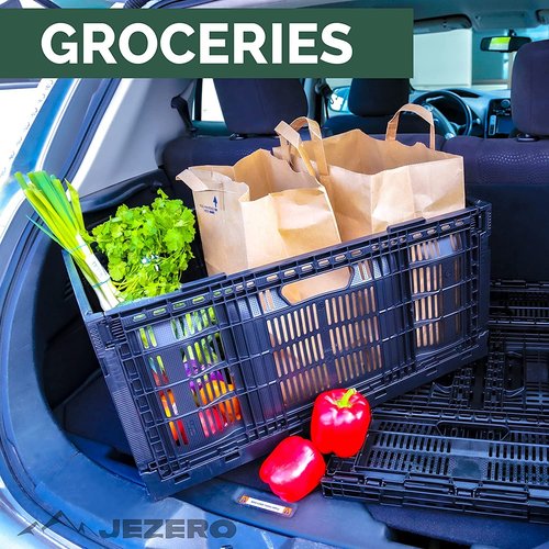 JEZERO Large 2-Pack Collapsible Plastic Storage Crate – Stackable Utility Bin with Folding Walls for Garage, Closet, Car Trunk, and Home Organization | Black, 24" x 16" x 11"