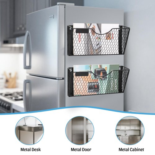 Magnetic File Holder- 2 Pockets Hanging Office File Organizer Wall Mounted 2-in-1, No Drilling Magazine, Paper, Mail, Document Holder for Whiteboard, Refrigerator, Cabinets, Classroom