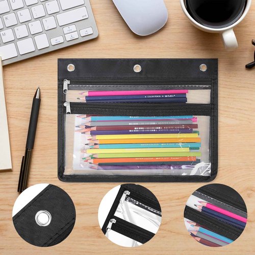 YoeeJob 24 Pack Zipper Pencil Pouches for 3 Ring Binder, 1.5 Inch Expandable with 2 Pockets and Clear Window for School and Office （Black）