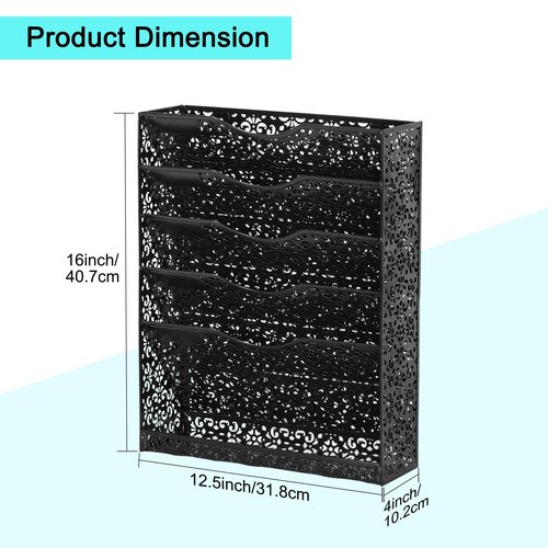 EasyPAG Desk File Organizer Heavy Duty Metal Wall Mount File Holder 5 Tier Mail Paper Folder Holder with Bottom Tray for Office Home Cubicle Countertop, Black