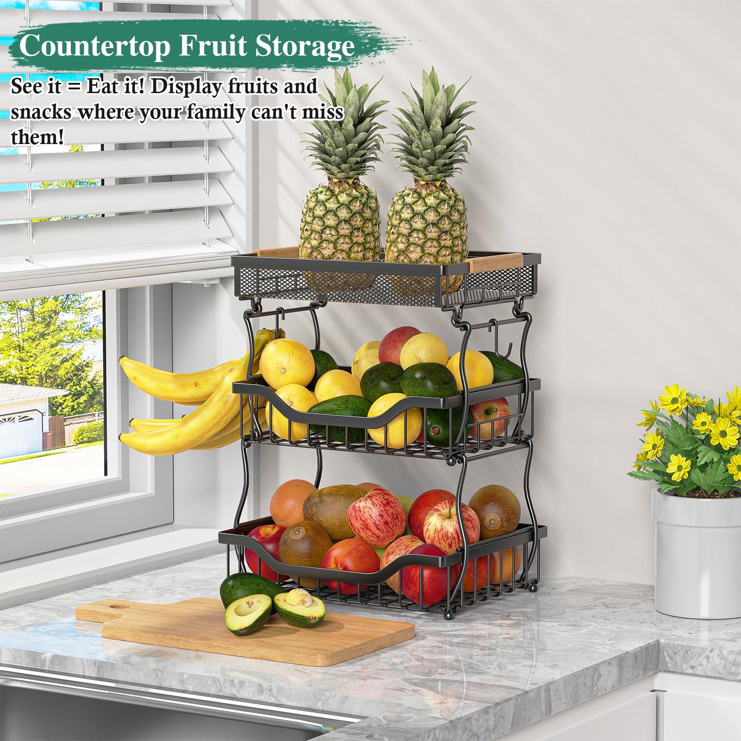 OKZEST 3-Tier Fruit Basket Fits Under Standard Upper Cabinet, 17.2" Tall