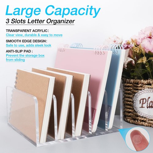 Acrylic Mail Organizer File Holder for Desk 2 PCS, 5 Compartments Clear Desktop Vertical Letter Sorter for Envelopes, Bill, Document, Notebook,Countertop Folder for Office, Home & School