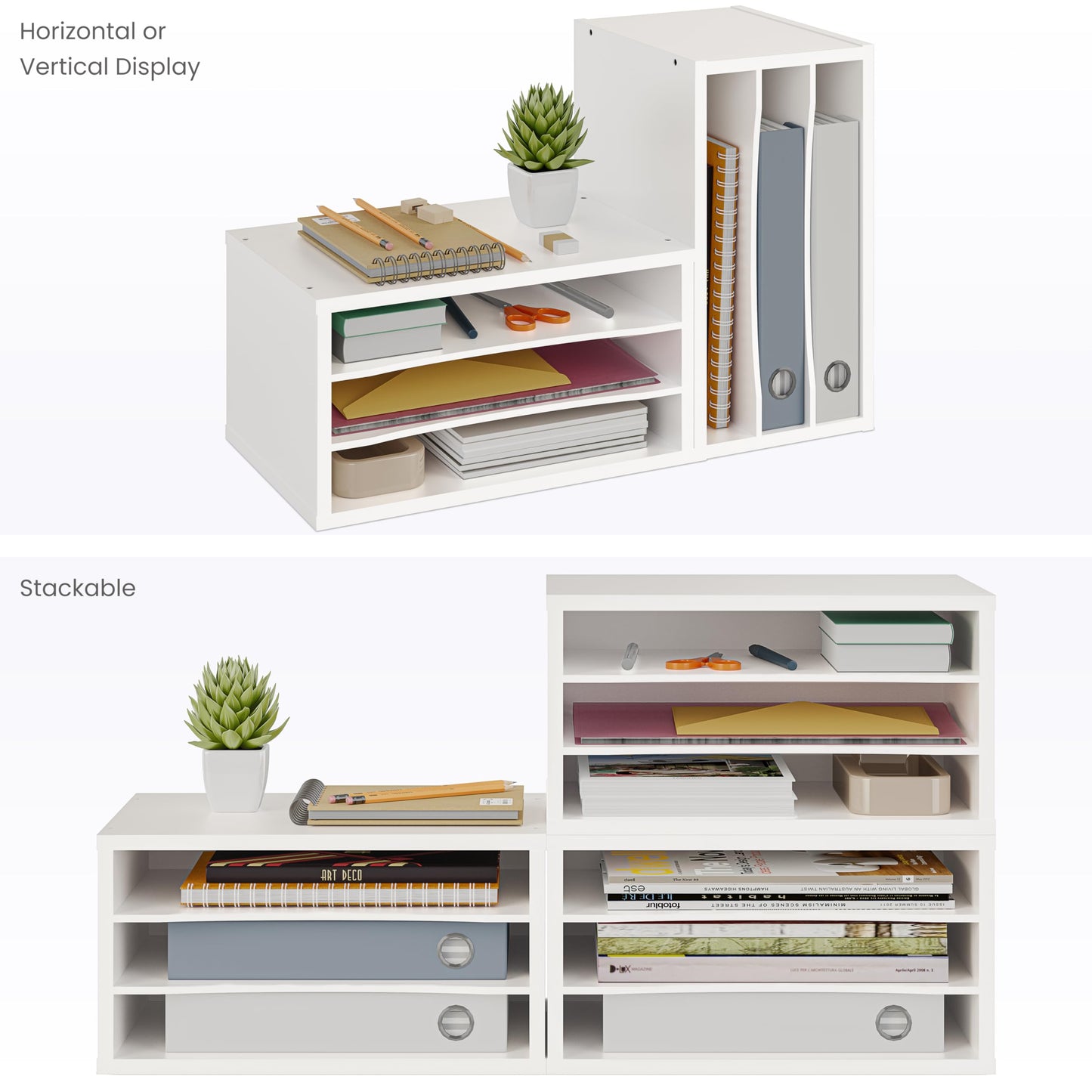 Ballucci Paper Organizer, 3-Tier Stackable Wood Desk Organizer, Document File Organizer and Mail Sorter with Adjustable Storage Shelves, White