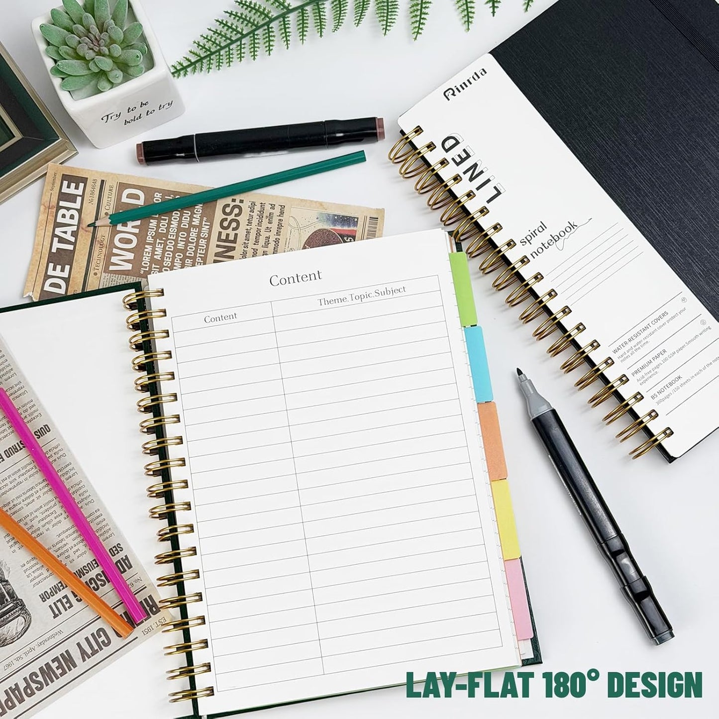 Skiennix Hardcover Spiral Notebook - 300 Pages, 5 Subject with Removable Dividers | Black 8"x10" College Ruled Journal for Work and Note Taking