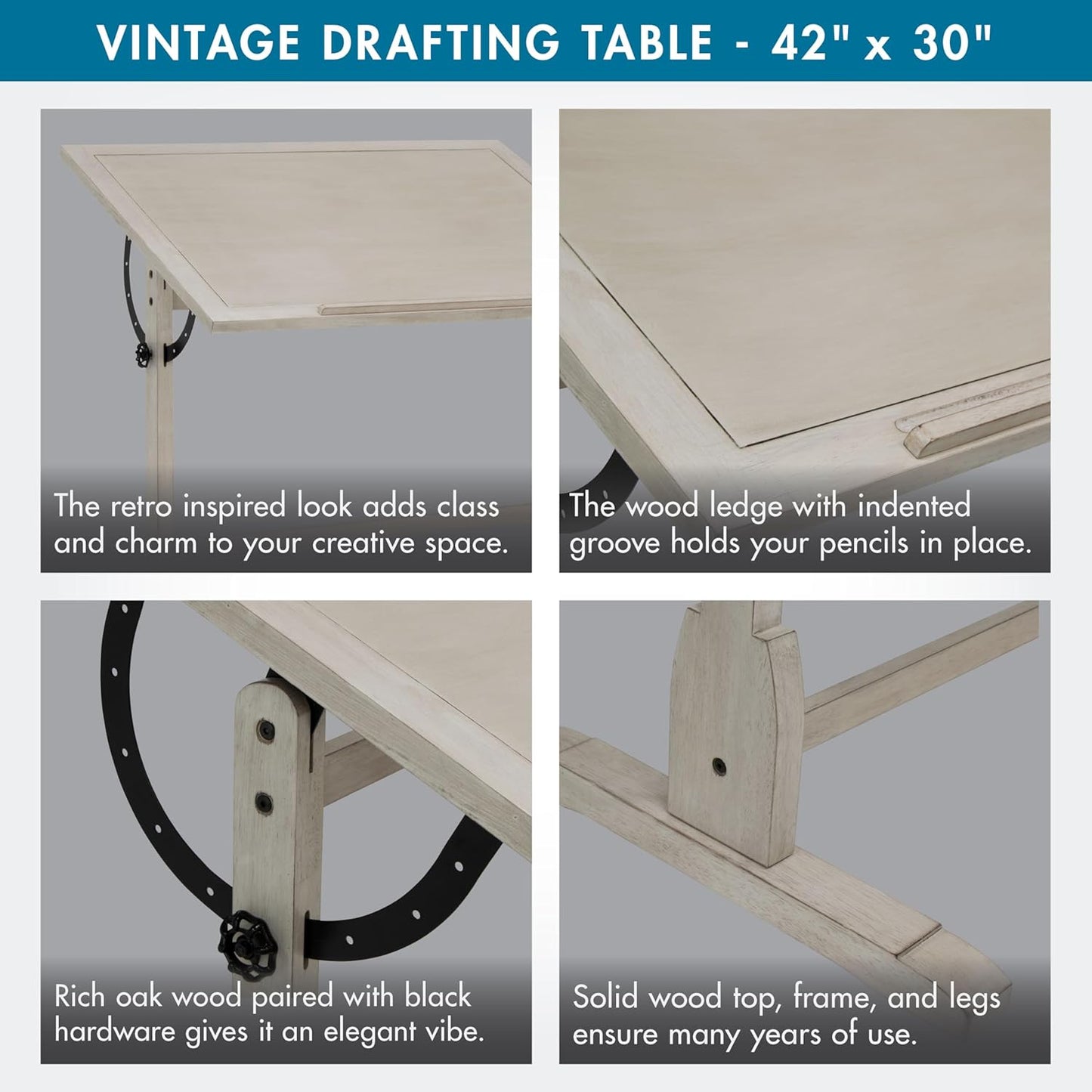 Studio Designs Wood Drafting Table - Adjustable Tilting Top with Pencil Ledge - 42" W x 30" D - Whitewash