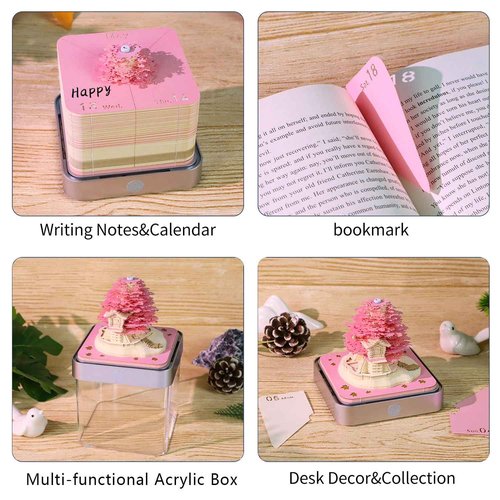 RSLIPIN 3D Memo Pad Time Piece Calendar 2026,3D Calendar Memo Pad DIY Notes Notepad Paper Craft Art Romantic Tree House,2026 3D Desk Calendar With LED Lights,Pink