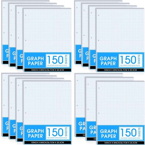Noveread 15 Pack Graph Paper, 8" x 10.5" Loose Leaf Graph Paper, 2250 Sheets Bulk 4 x 4 Inch Quad Ruled Grid Paper Filler Paper, 3 Hole Punched, 60 Gsm, 150 Pcs Each Pack, Office Student Supplies