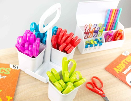 Stanley Removable 4 Cup Scissor Caddy and Minnow 5-Inch Pointed Tip Kids Scissors, 24 Pack (SCICAD-PT24)