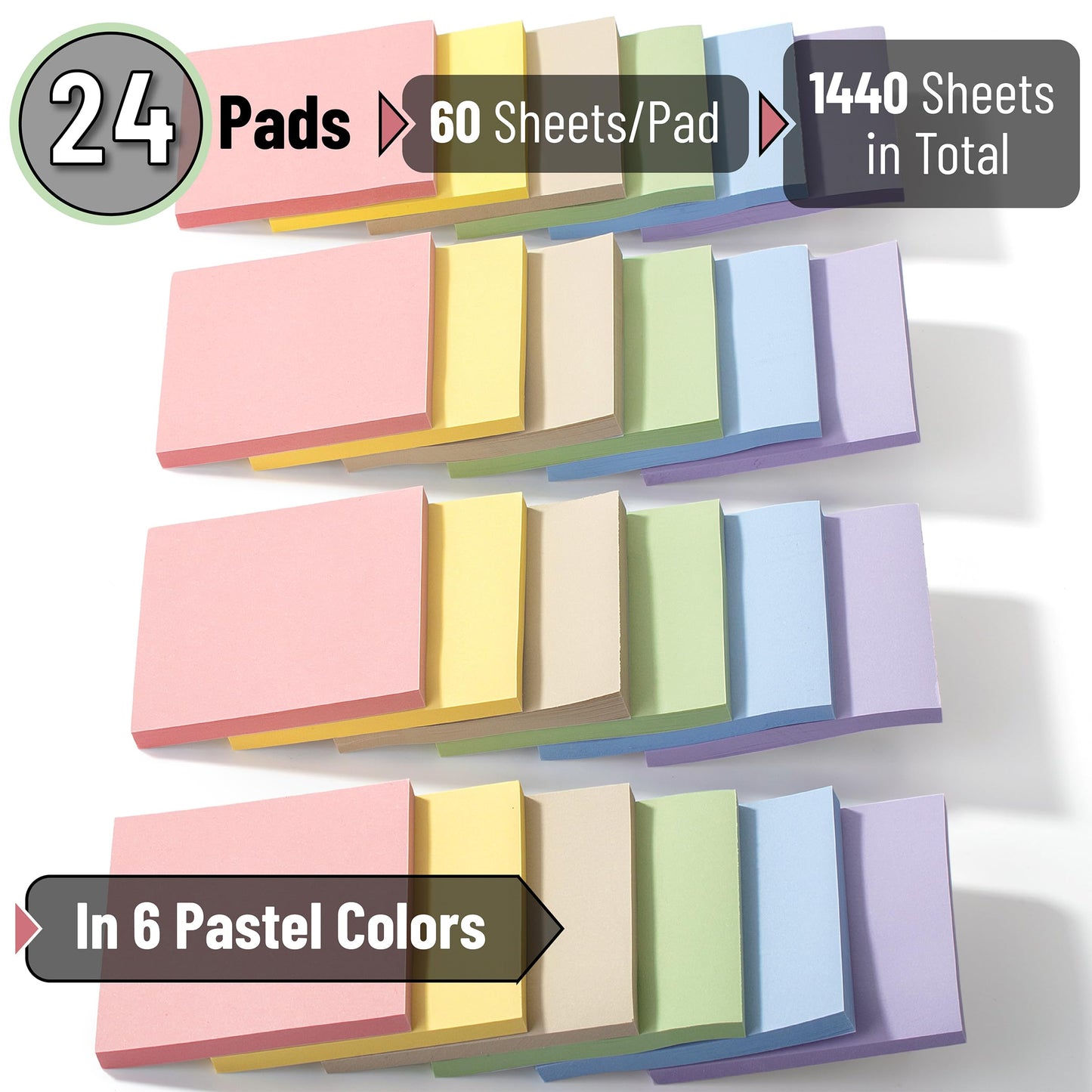 Mr. Pen- Sticky Notes, 3"x3", 24 Pads, 1440 Sheets, Pastel Colors