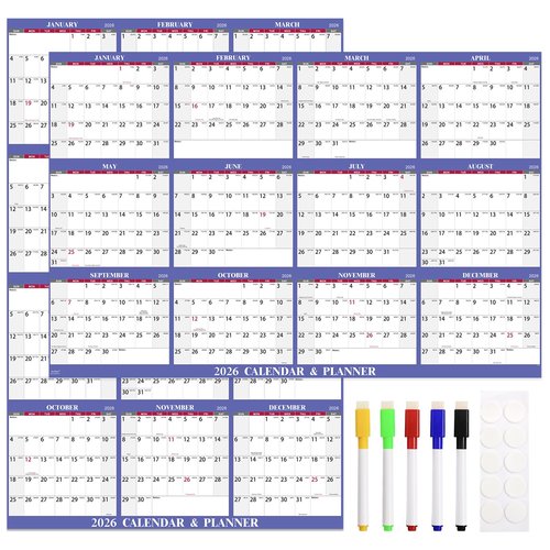 2026 Dry Erase Calendar - 2026 Yearly Wall Calendar, 48" x 32", JAN.2026 - DEC 2026, 2026 Wall Calendar, 12 Month Dry Erase Calendar for Wall, XL Large, Wet & Dry Erase Laminated, Horizontal/Vertical - Purple