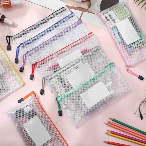 Handepo 100 Pcs A6 Mesh Zipper Pouch Bags with Label Pocket 9.45x4.53 Inch Waterproof Small Zipper File Bags Bulk Color Pencil Document Multipurpose Pouches for Office Travel Puzzles Games Organizing