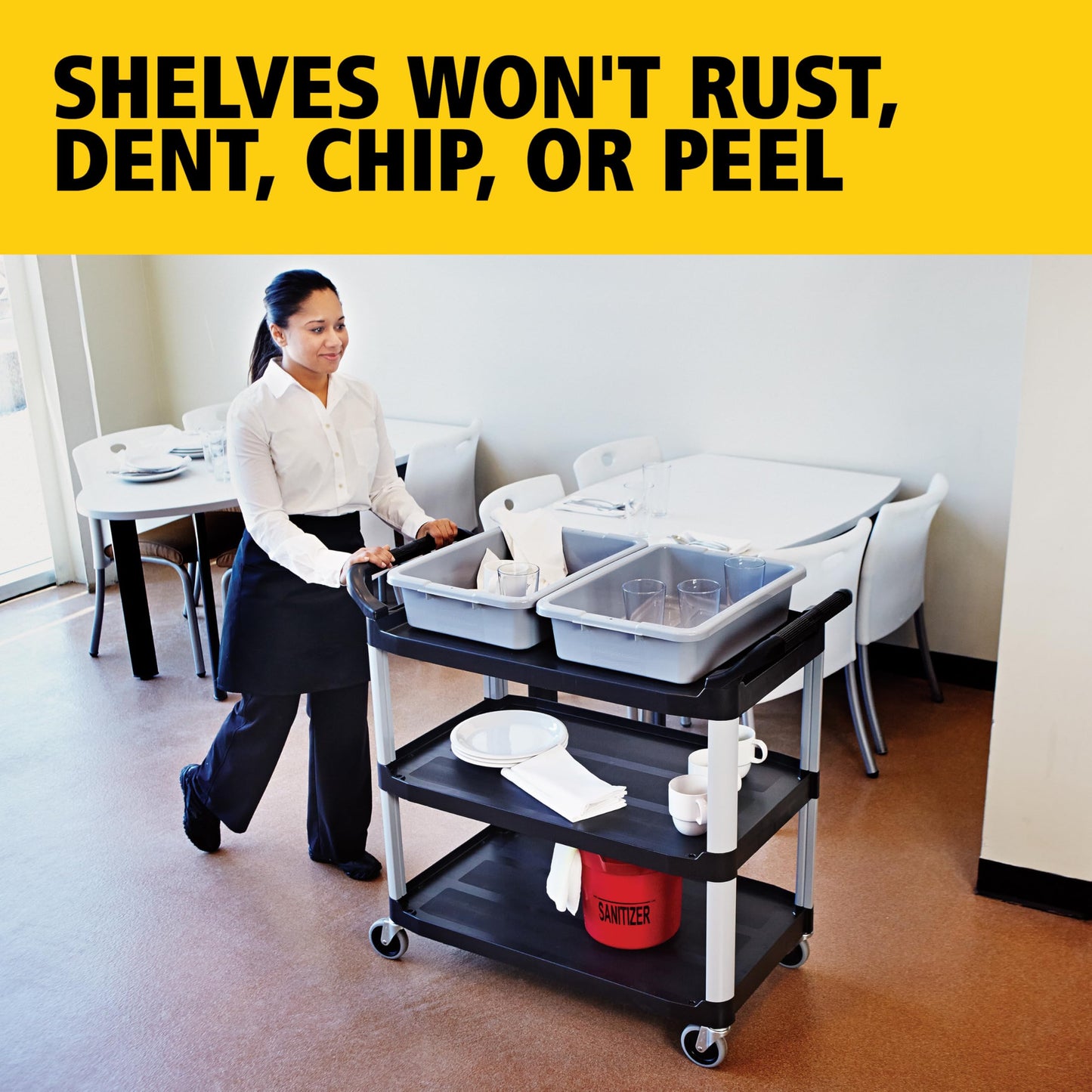 Rubbermaid Commercial Products Heavy Duty 3-Shelf Rolling Service/Utility/Push Cart, 300 lbs. Capacity, Black, for Restaurant/Cleaning/Office use (FG409100BLA)