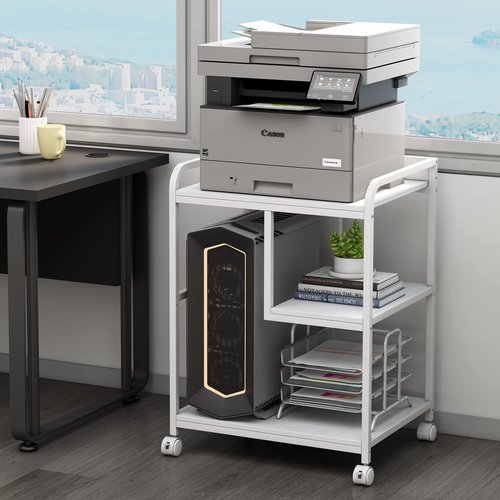 Fannova Large Printer Stand Table with Storage Shelf for Host Computer, PC Tower, CPU and Shredder, 3 Tier Rolling Printer Cart with Wheels for Home Office Storage and Organization - White