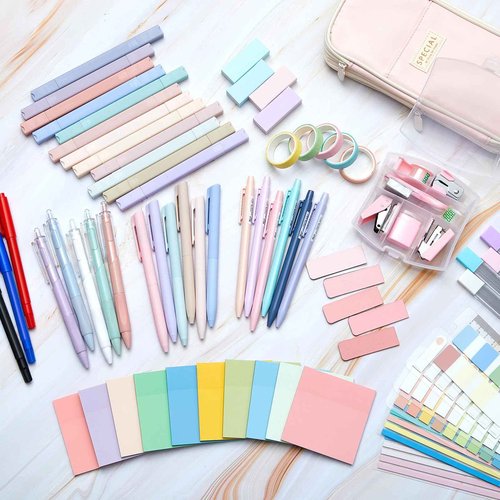Sinload 72 Pcs Aesthetic School Supplies with Pencil Case 4 Prong Folders 12 Highlighters 20 Mechanical Pencil Pen 500 Sheets Transparent Sticky Note Tabs Stationery for College Office(Pink)