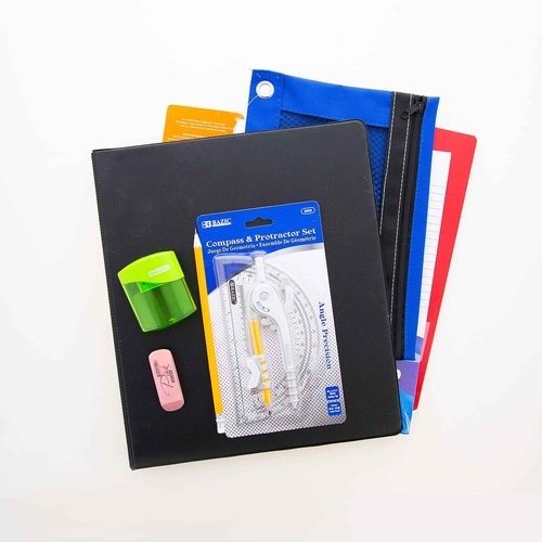 BAZIC Products Middle High School Kit Supply Box 65 Count for Student 7-12 Grades, Composition Book Compass, Color May Vary, 1-Pack