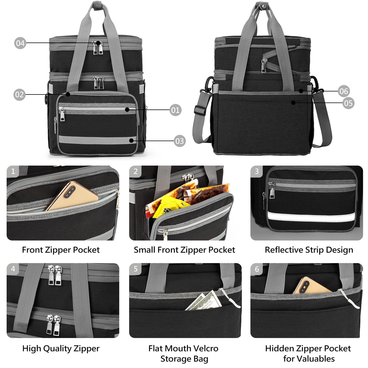 EXLIFBAG Lunch Box for Women, Insulated Double Deck Lunch Bag for Adults, Leakproof Cooler Lunchbox for Men with Adjustable Shoulder Strap, Black