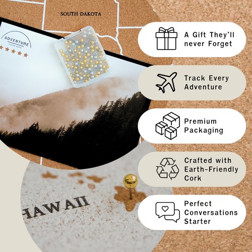 Push Pin USA Travel Map – Large 30" x 20" United States Pin Board with Premium Push Pins – Cork Display for Tracking U.S. Adventures – Unique Gift for Travelers, Couples, and Families