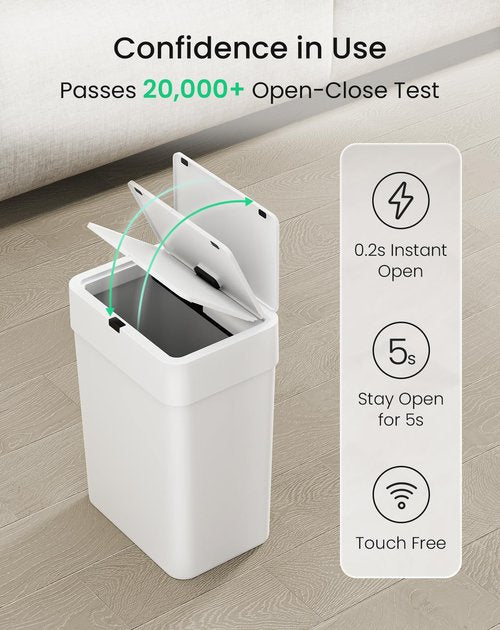 Cesun Bathroom Trash Can with Lid, 4 Gallon Motion Sensor Garbage Can Automatic Touchless Trash Cans, Slim Plastic Smart Waste Basket for Bedroom, Office, Living Room, White