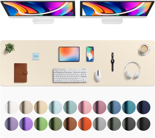 Aothia Faux Leather Desk Mat - Large Non-Slip Mouse Pad with Waterproof Surface | Beige (63" x 17")