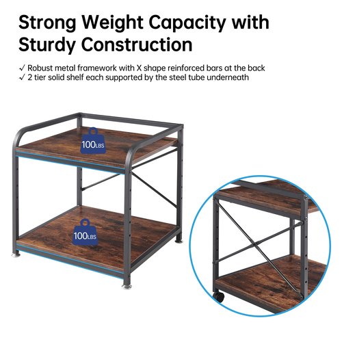 Fannova Under Desk Printer Stand, 20 Inches Deep Large Printer Table with Height Adjustable Storage Shelf, 2 Tier Rolling Printer Cart with Wheels for Home Office - Rustic Brown