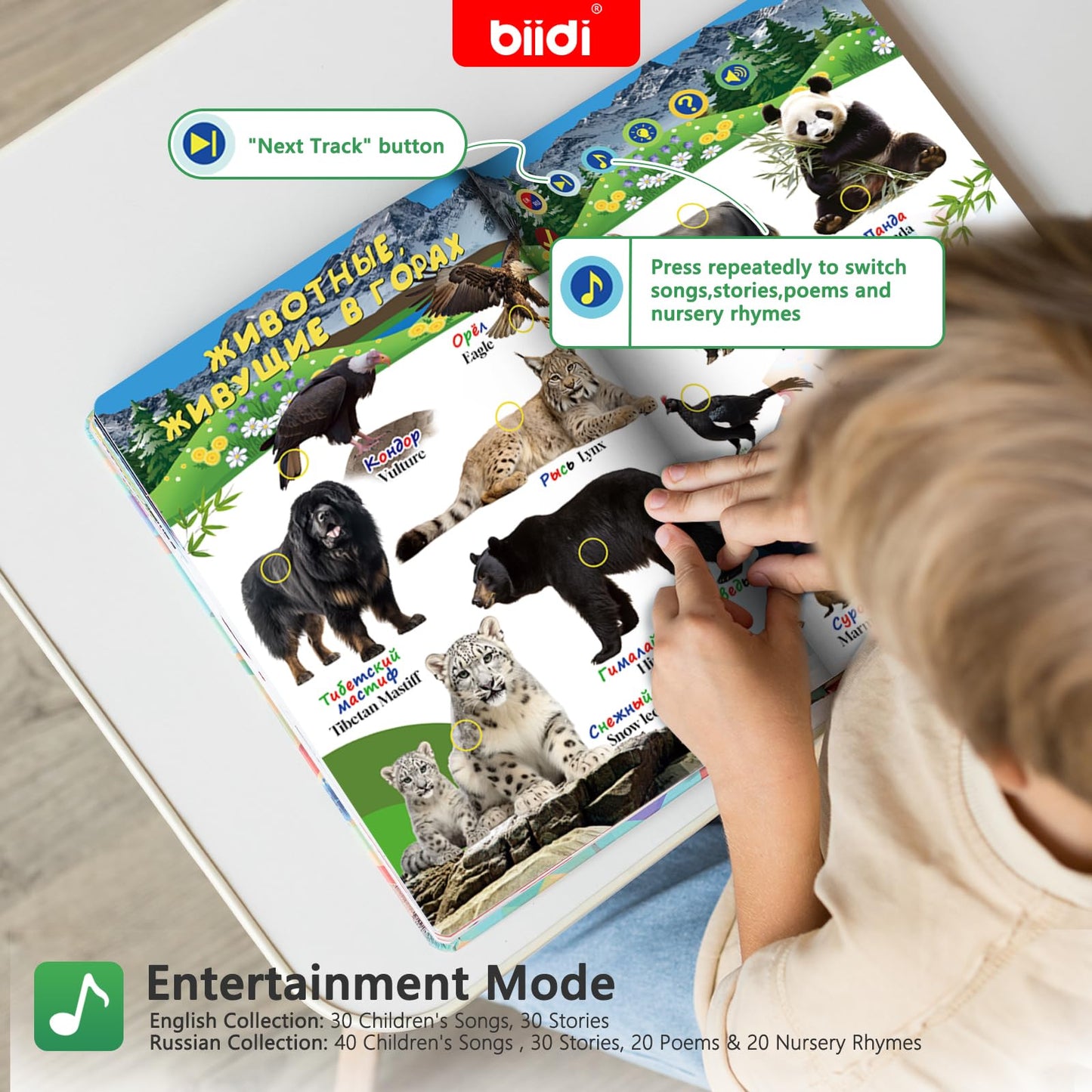 biidi English & Russian Bilingual Interactive Sound Book for Toddler 3-5,40 Songs&30 Stories,Rechargeable Talking Book,Learing Toy for Kids,Boys Girls Birthday, 1600+ Sounds,171 Animals