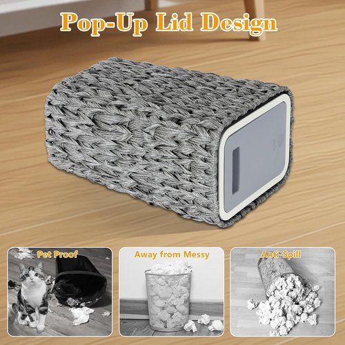 OOTDAY Trash Can with Lid, 2.6 Gallon Small Rattan Trash Can with Press Top Lid, Boho Slim Wicker Waste Basket and Hamper 2 in 1, Seagrass Woven Garbage Can Trash Basket for Living Room, Bedroom Gray
