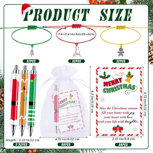 96 Sets Christmas Gift Bulk for Adults Christmas Pens Christmas tree Reindeer Gingerbread Man Bracelets with Organza Bags Information Card For Xmas Tree Decoration Office Home Party Gift Supplies