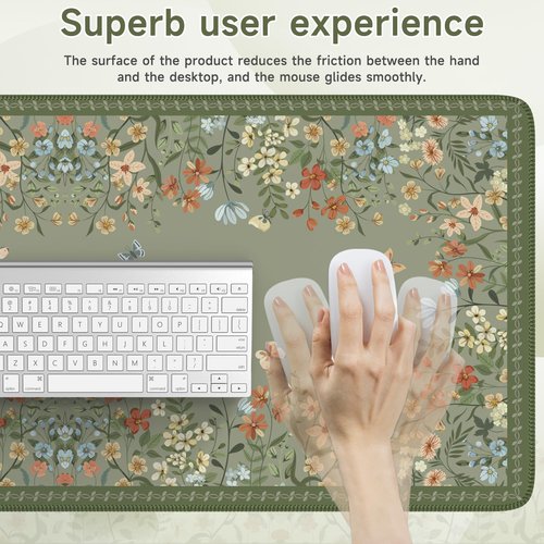 iCasso Desk Mat for Keyboard and Mouse,Large Keyboard Mat Non-Slip,Cute Desk Pad with Stitched Edges,Floral Mousepad for Women,Girly Computer Mat for Home Office Gaming(Sage Green)