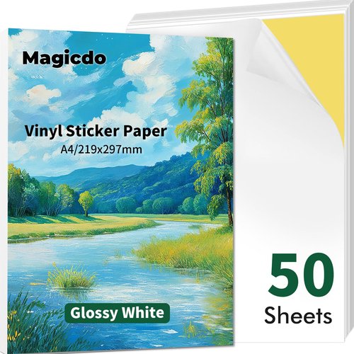Magicdo Vinyl Sticker Paper for Inkjet Printer Glossy White Decal Paper Self-Adhesive Sheets 8.5"x11" (glossy-50sheets)