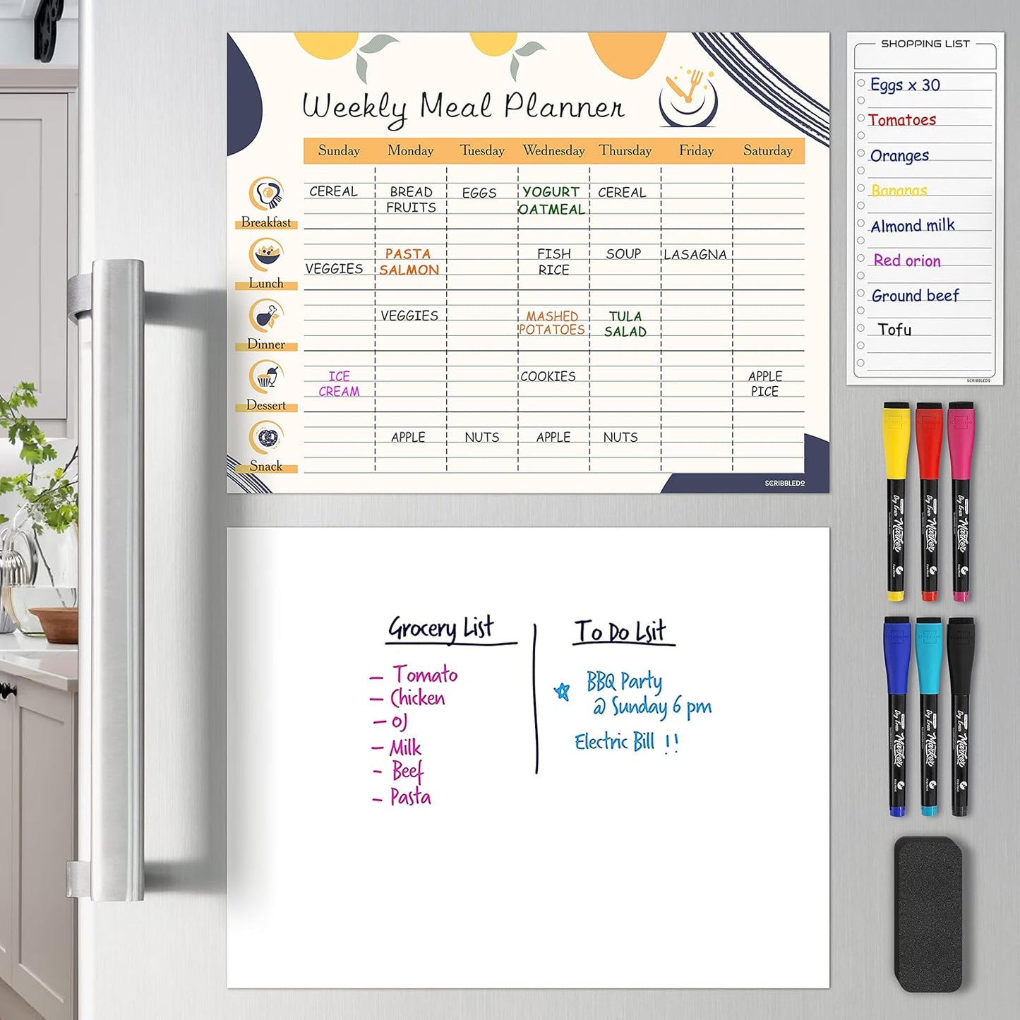 Skiennix Weekly Meal Planner - 13" x 17" Magnetic Dry Erase Whiteboard for Fridge | Includes 6 Markers
