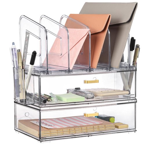 LALOBLUE Acrylic Desk Organizer Set, 2 Pack Stackable Drawer Organizer with 4 Vertical File Sorter and 2 Pen Holders, Desktop Storage for Files, Letter, Documents, Office Supplies, Desk Accessories