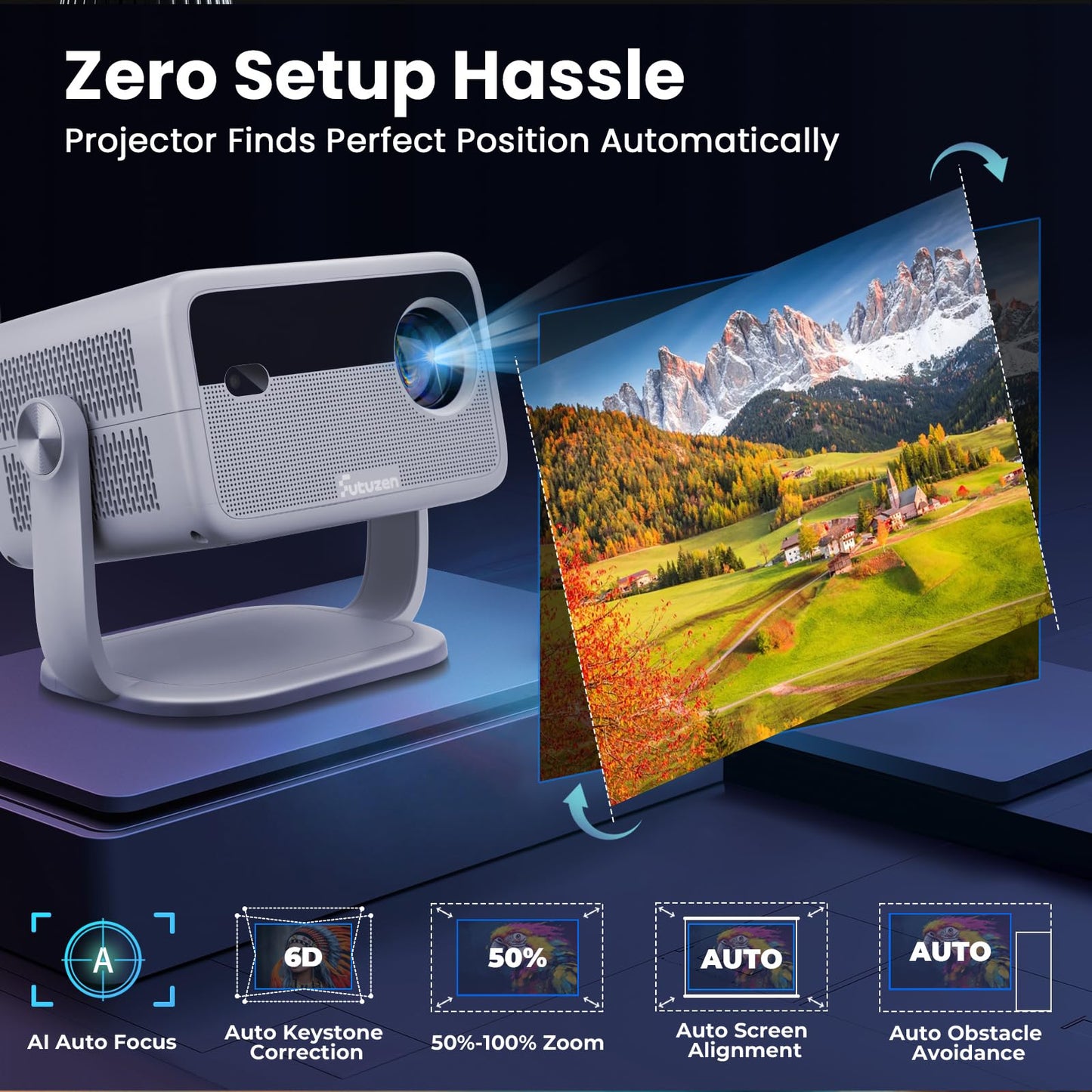 Smart Android Projector with 4K 8K Support, 600 ANSI, 360° Rotatable Mini Projector with Wifi6 and Bluetooth5.2, Auto Keystone & Electric Focus 1080P Portable Movie Phone Proyector for Home Outdoor