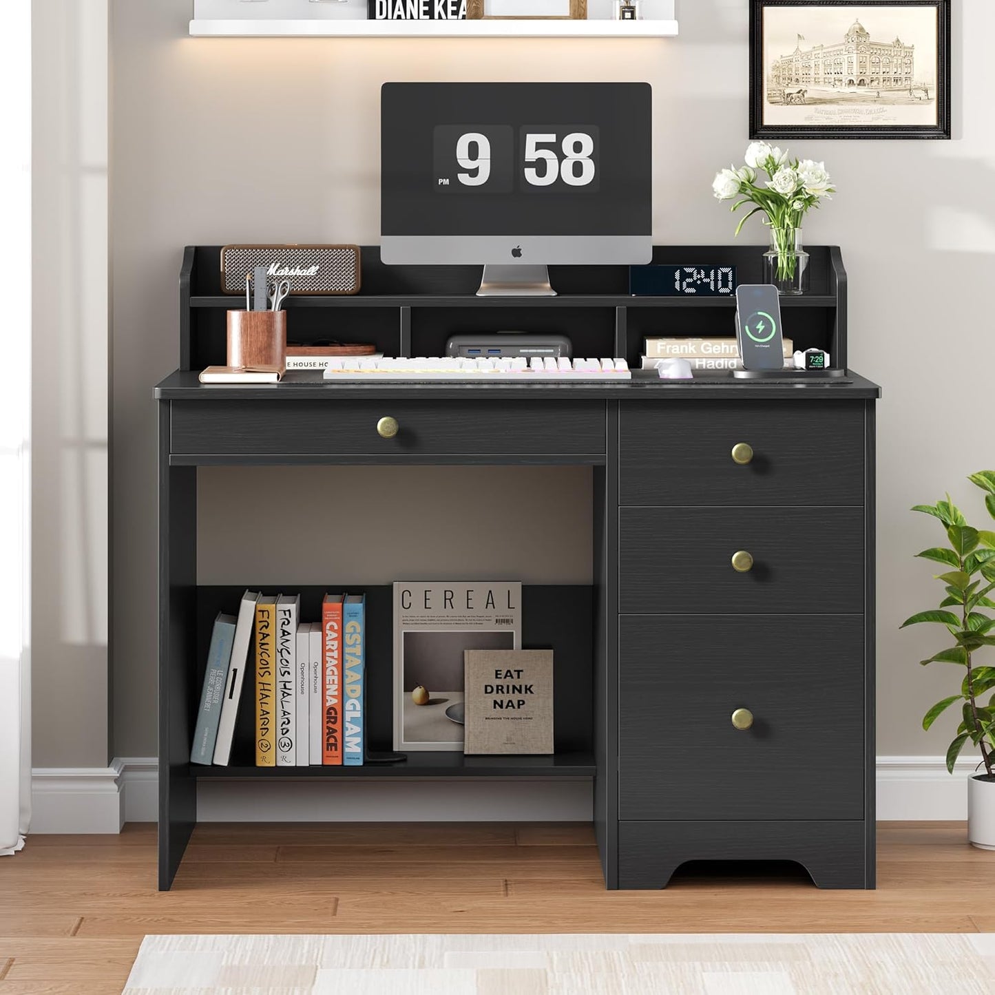 TTVIEW Computer Desk - Wood Writing Table with Drawers & Hutch Shelf | 43” Wide, Black Finish