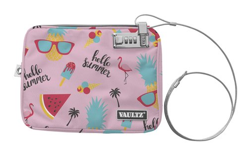 Vaultz Locking Pool Pouch - Water-Resistant Combination Locking Pouch w/Tether for Cash, Pool, Beach, Bank, or Travel - 7.5 x 9 Inches, Medium, Hello Summer