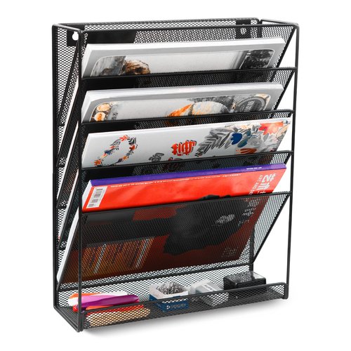 EasyPAG Wall File Holder 5 Tier Vertical Hanging File Organizer Wall Mount Paper Folder Rack with Bottom Flat Tray for Office and Home,Black