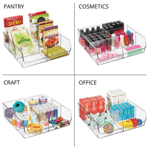 mDesign Plastic Home Office Wide Bin Organizer with 6 Compartments for Cabinets, Closets, Drawers, Desks, Tables, Workspace - Staple, Notepad, Paperclip Holder - Ligne Collection - 2 Pack - Clear