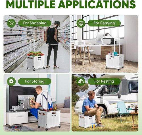 Folding Utility Cart - Portable Rolling Crate Handcart with Lid & 4 Wheels | Durable White Shopping Trolley