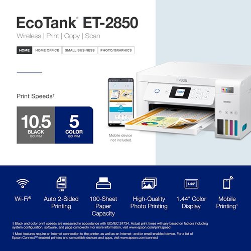Epson EcoTank ET-2850 Wireless All-in-One Printer - Cartridge-Free, Scan & Copy, Auto 2-Sided - White