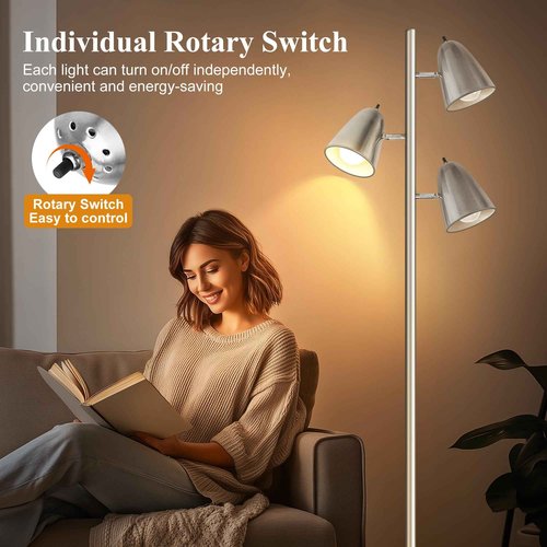 QiMH Tree Floor Lamp with 3 Light Bulbs, Standing Tall Pole Lamps for Living Room Bedroom Office, Reading Stand up Lamps with 3 Adjustable Arms,Brushed Nickel
