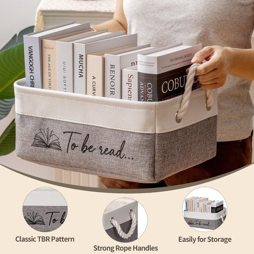 EraGleeVibe Book Storage Basket TBR Book Lover Gifts to Be Read Organizer Bin with Handles Bookworm Gift for Student Teacher Home Classroom Reading Decorative Box Bookish Accessories (Grey)