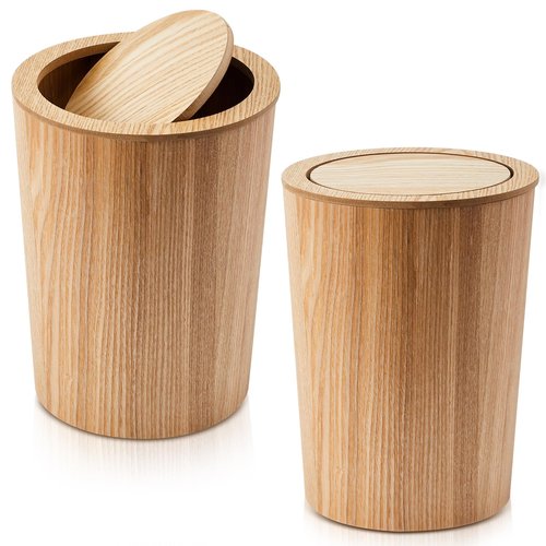 Reallnaive 2 Pieces 8 L/ 2.1 Gal Round Trash Can with Lid Wooden Garbage Can Swing Lid Waste Recycling Bin for Office Home Living Room Kitchen, 9.45 x 7.6 x 11.8 Inch