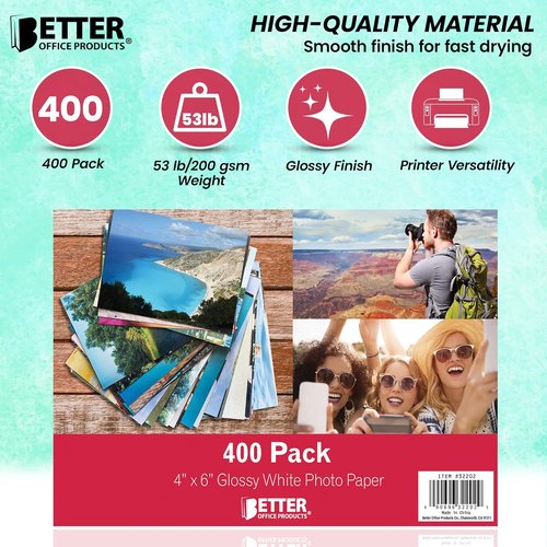 Better Office Products Premium Glossy Photo Paper - 4 x 6 Inch, 400 Sheets, 200 GSM Quality