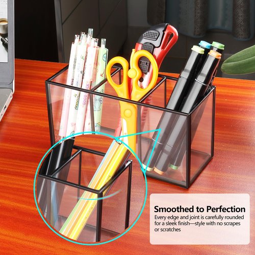 Pencil Holder for Desk,Tempered Glass Pen Holder,3&4 Compartments,Desktop Storage Organizer for Office Supplies,School Supplies,Pens,Markers,Pencils,Scissors,Paperclips (Black, 3 compartments)
