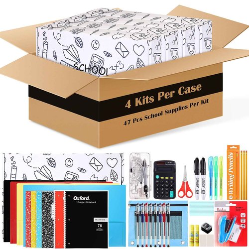 AmazingSpark 188 Pcs Operation Christmas Bulk Items School Supply Kit 4 Sets Back to School Supply Boxes for Students Gifts Donation Gifts Includes Calculator Folder Notebooks Scissors and More