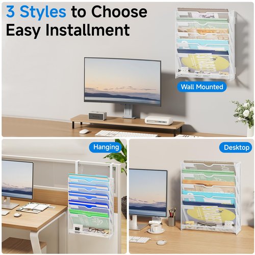 Lavatino 6-Tier Hanging File Organizer, Wall Mount File Holder for Mails Folders Papers Magazine Organization, Vertical Document Organizer for Office Home - (White)
