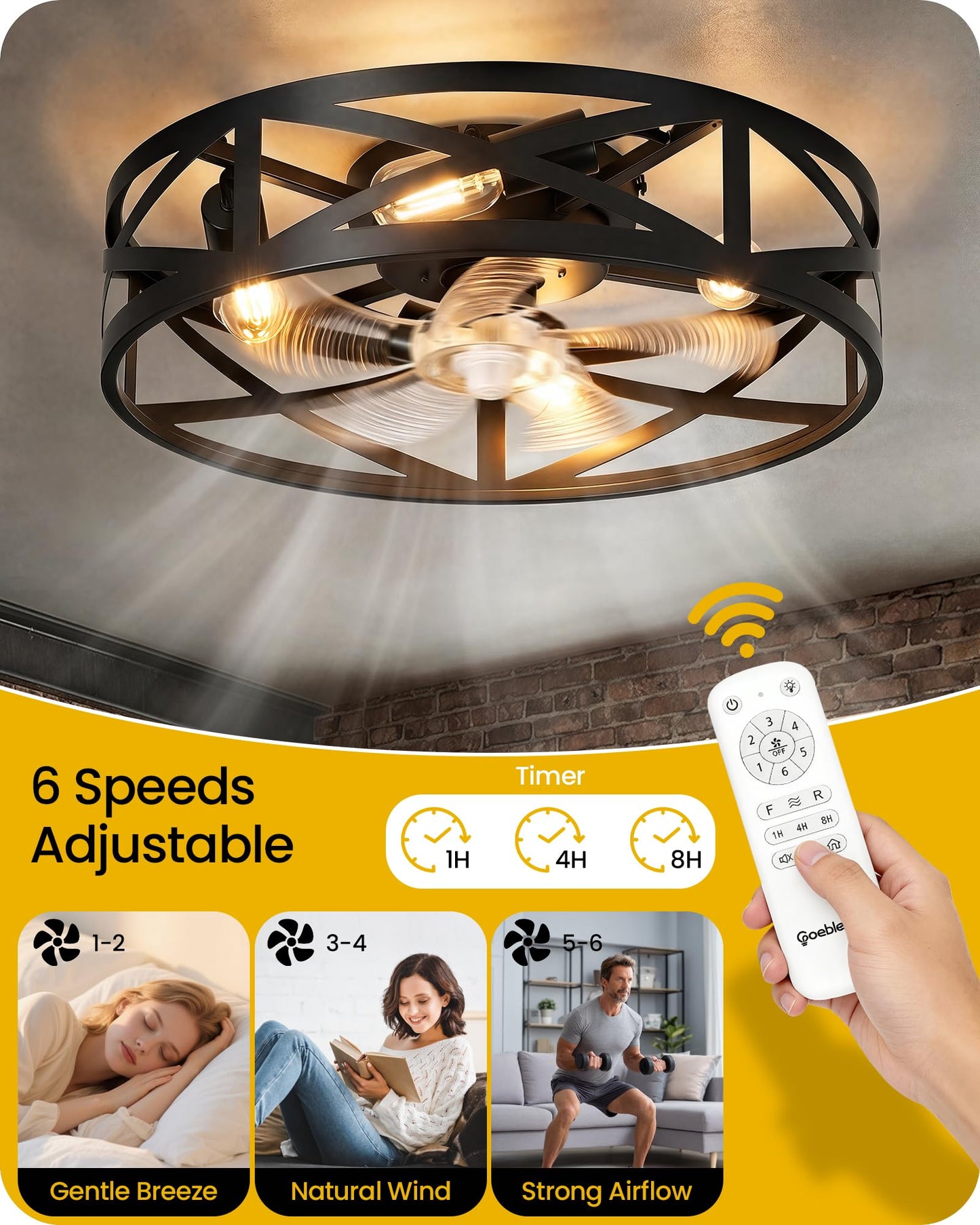 20" Farmhouse Flush Mount Ceiling Fan with Lights and Remote, Low Profile Caged Ceiling Fan Fandelier, 6 Speeds, Timer, Reversible DC Motor, Bladeless Ceiling Fan for Bedroom, Kitchen, Black B02CF05