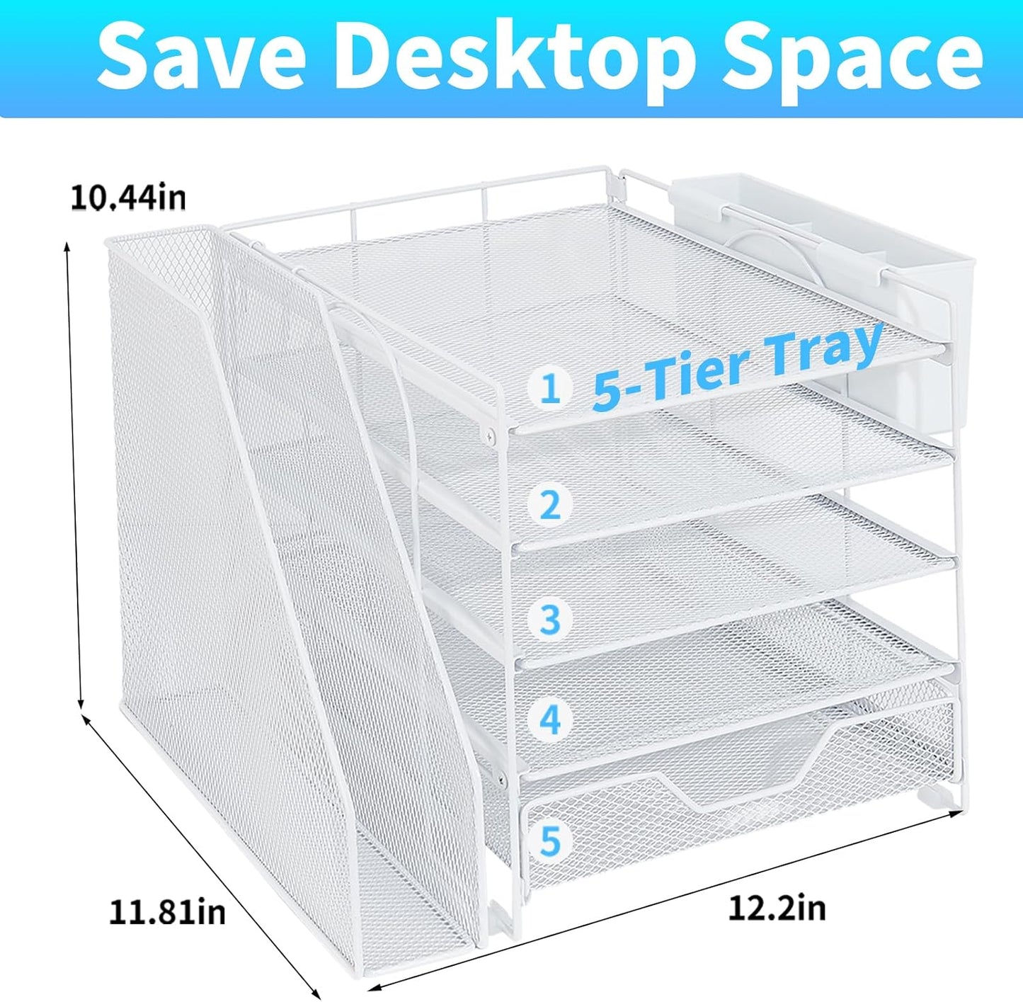 Skiennix Desk Organizer - 5-Tier Paper Letter Tray with File Holder & Drawer - White