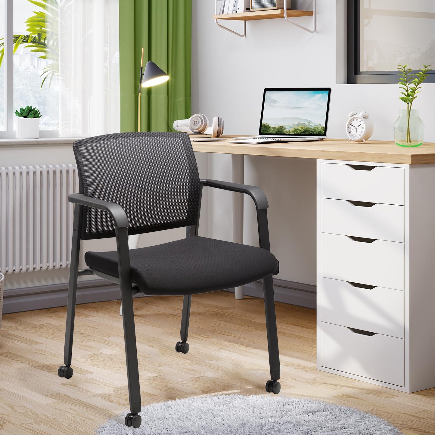 CLATINA Black Waiting Room Chair with Wheels Mesh Back Stacking Arm Chairs with Upholstered Fabric Seat and Ergonomic Lumbar Support for Office School Church Guest Reception