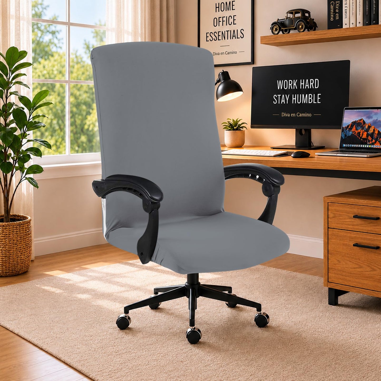 DIVA EN CAMINO DEC Stretchable Office Chair Cover with Durable Zipper, Soft Slipcover for Computer Desk Chair - Mid Gray