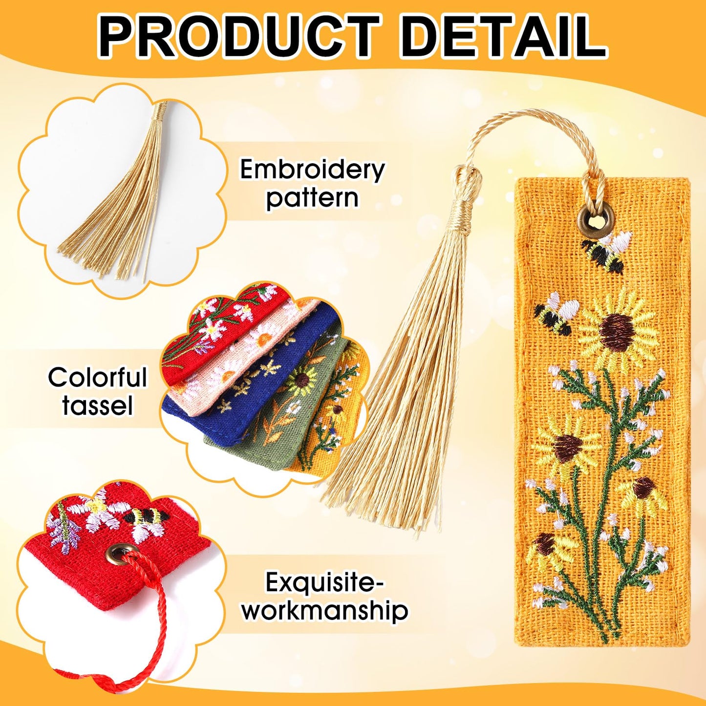 Skyygemm 5 Pcs Floral Embroidered Bookmarks with Tassels for Women Cute Handmade Flower Bookmark Bulk Linen Hand Embroidered Bookmark, Unique Book Lovers Gifts for Women Reading Lovers